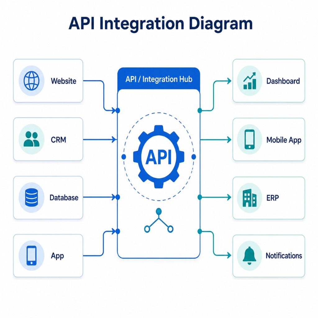 API integration diagram showing website, CRM, database, and app sources connected through an API hub to dashboards, mobile apps, ERP, and notifications
