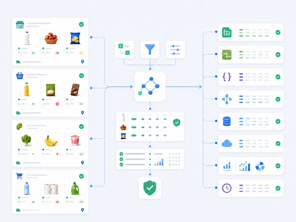 Grocery delivery app data delivered through CSV, Excel, JSON, API, scheduled feeds, and warehouse-ready outputs