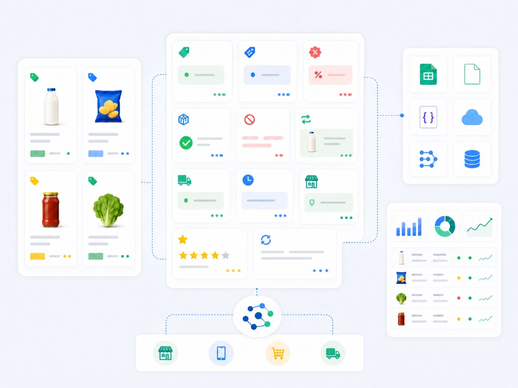 Grouped grocery delivery data fields for products, pricing, availability, promotions, stores, and delivery outputs