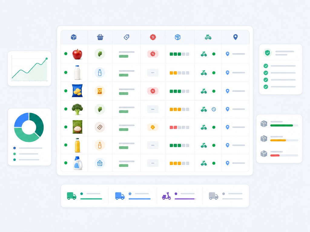 Illustrative grocery delivery dataset with product, price, promotion, stock, delivery, and location fields