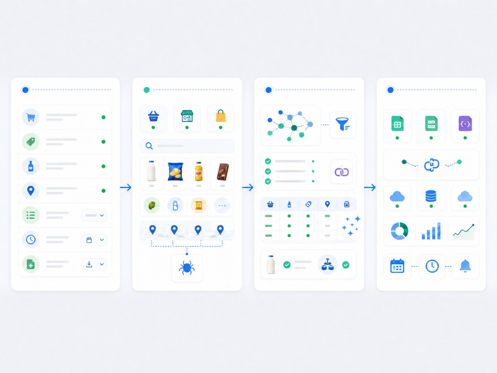 Four-step grocery delivery app data workflow from source selection to structured data delivery