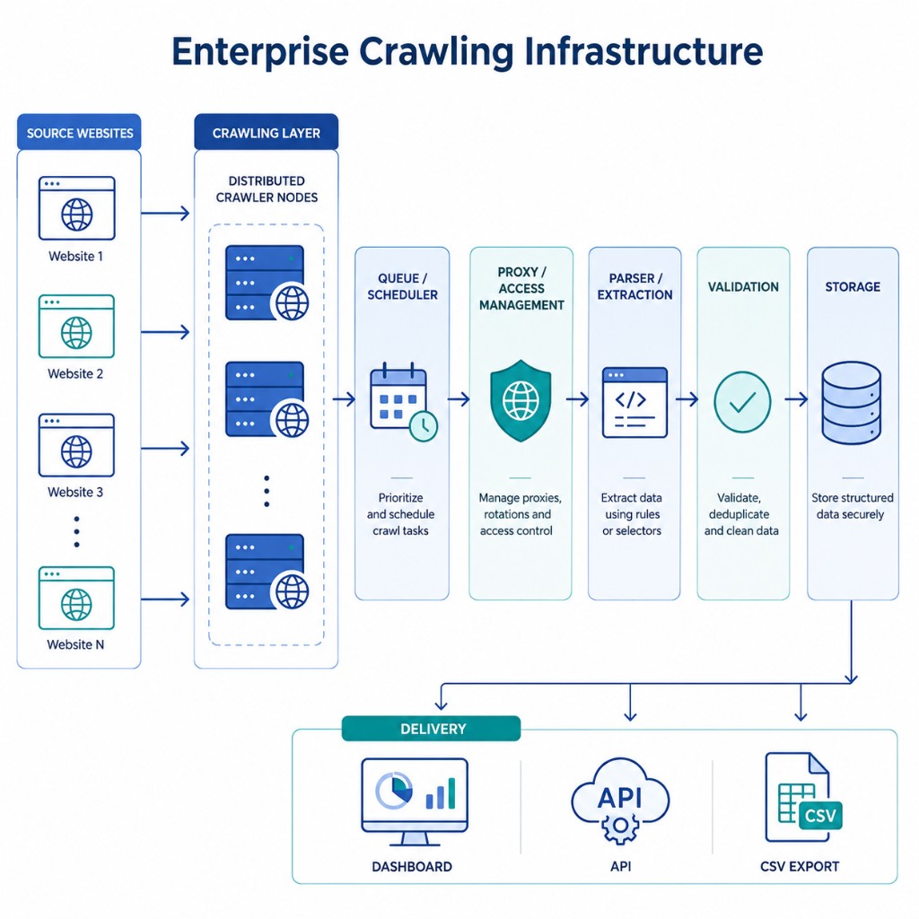 Enterprise crawling infrastructure for large-scale distributed web data extraction