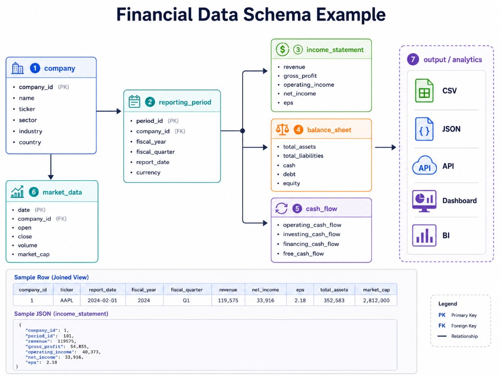 Example financial data schema for structured research and BI workflows.