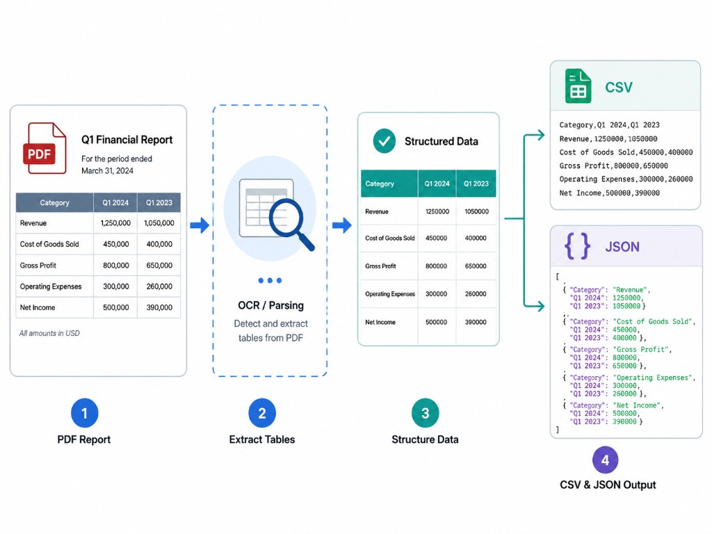 Financial report table extraction from PDF into structured CSV and JSON.